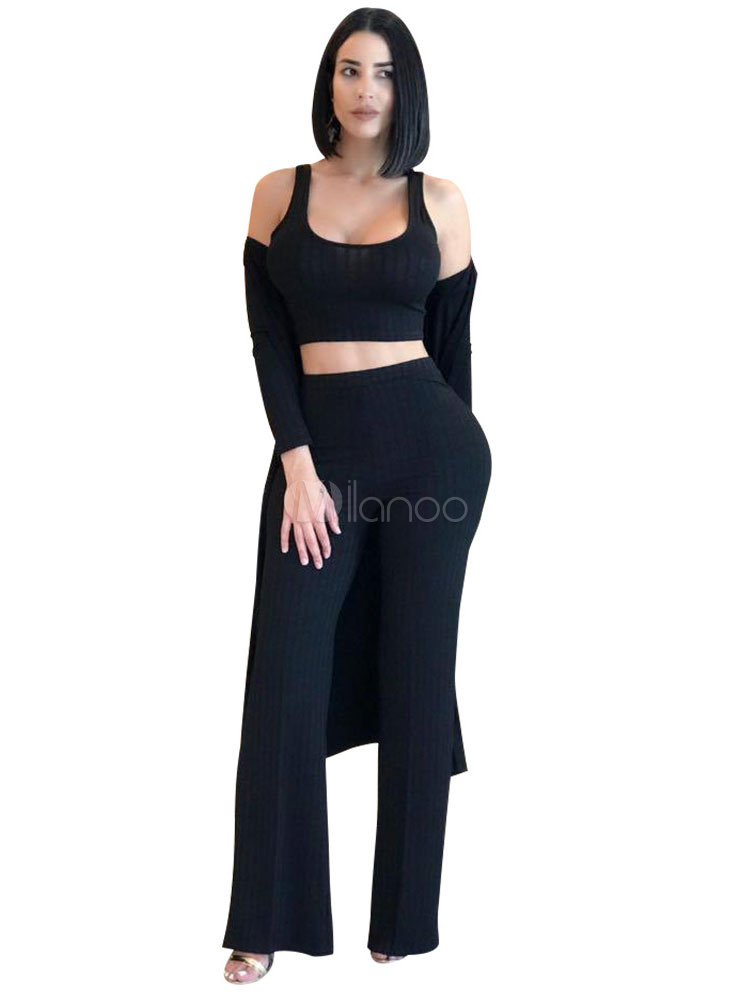 3 Piece Outfit Women Sexy Crop Top Wide Leg Pants With Duster Coat ...