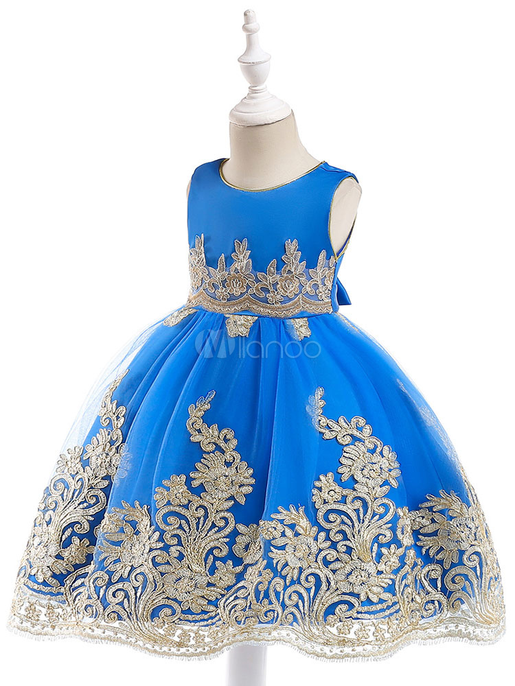 Blue Flower Girl Dresses Lace Applique Bows A Line Knee Length Kids