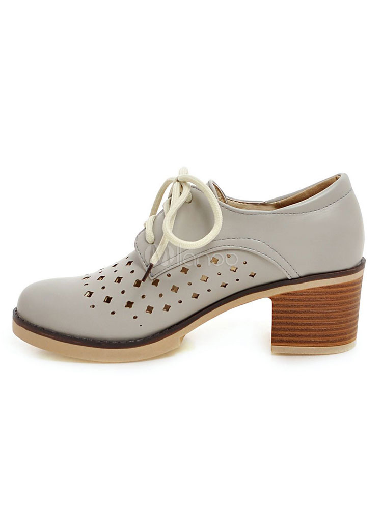 White Oxford Shoes Women Round Toe Cut Out Chunky Heel Lace Up Shoes ...