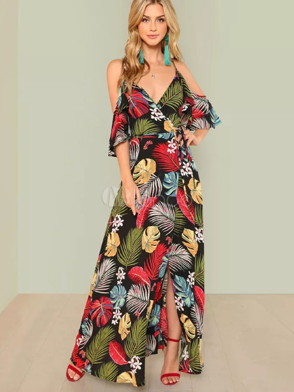 Vestidos Largos De Otoño Negro Con Estampado De Hojas - Milanoo.com