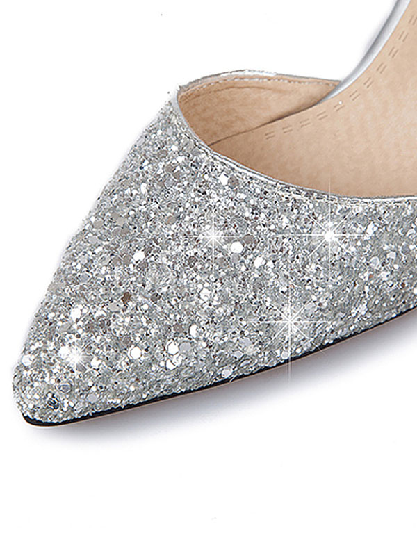 Silver Prom Shoes D'orsay Kitten Heel Pumps Pointed Toe Glitter Party ...