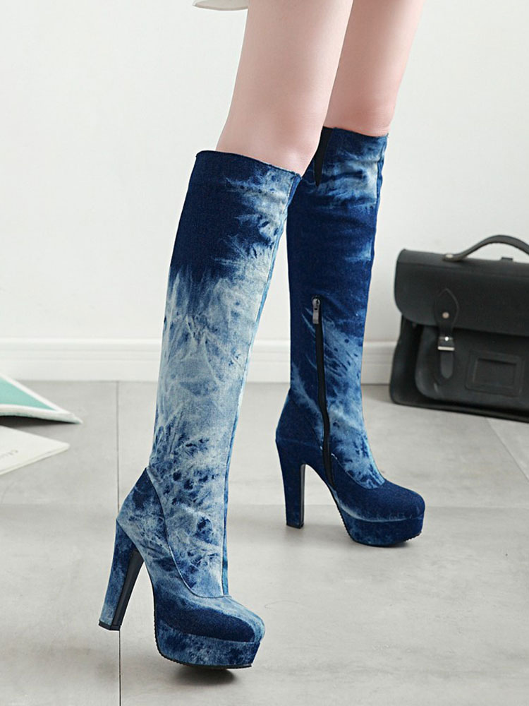 Knee High Boots Blue Platform Denim High Heel Boots For Women - Milanoo.com