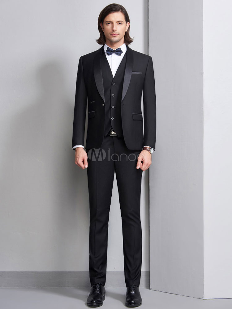 結婚式の服タキシードの新郎とgroomsmanのスーツ黒のショールのラペルジャケットパンツのベストウエストコートの男性フォーマルな服装3ピース Milanoo Jp