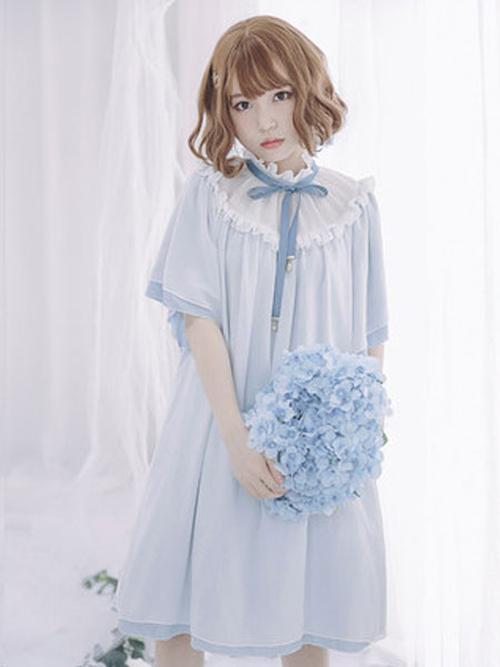 Sweet Lolita OP Dress Frill Bow Pleated Chiffon Lolita One Piece Dress