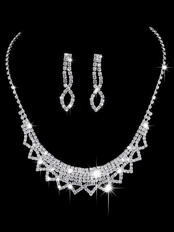 Boda Accesorios de boda | Conjunto de collar de boda de diamantes de imitación de plata con cuentas del triángulo conjunto de joyería Pendientes de novia y collar - CO27373