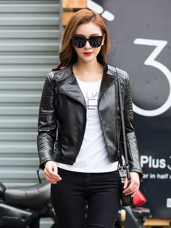 Black Moto Jacket Leather Like Zipper Buckle Women Biker Jacket ...