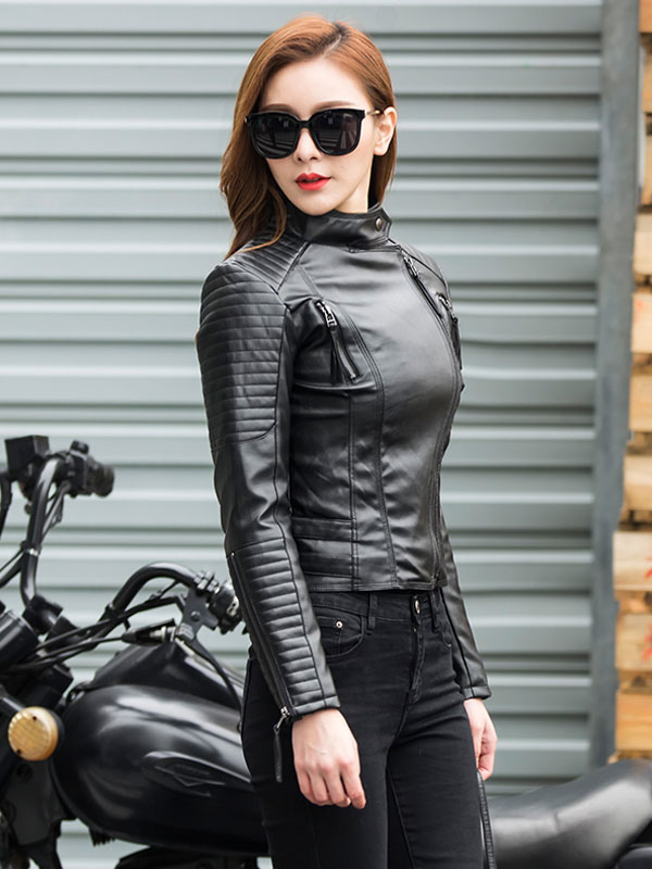 Black Moto Jacket Leather Like Zipper Buckle Women Biker Jacket - Milanoo