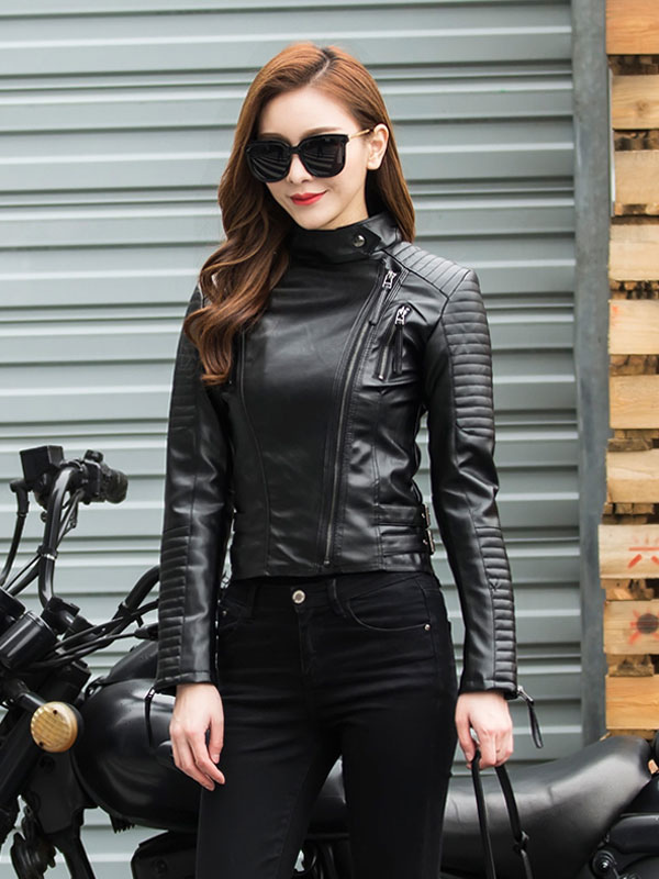 Black Moto Jacket Leather Like Zipper Buckle Women Biker Jacket