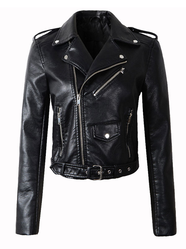 Women's Clothing Outerwear | Women Moto Jacket Leather Like Long Sleeve Zipper Buckle Waist Biker Jacket With Pockets Cozy Active Outerwear - HL36581