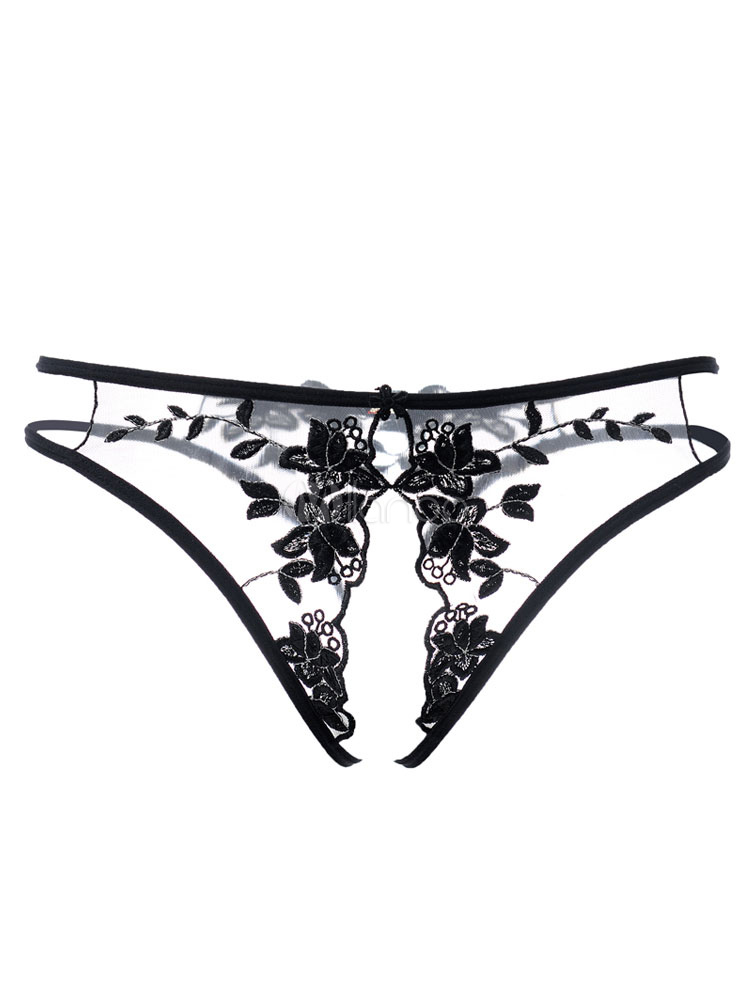 Women Thong Underwear Crotchless Lace Floral Embroidered Tulle Panties Lingerie