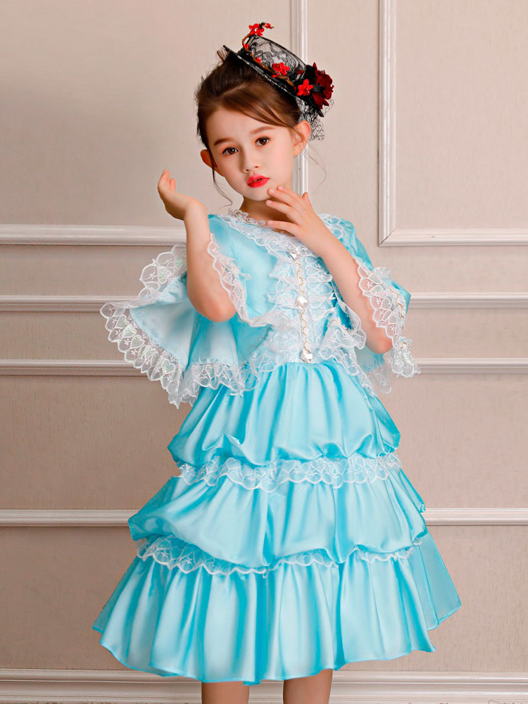 Kids Retro Costume Halloween Little Girls Rococo Dress Blue Ruffles