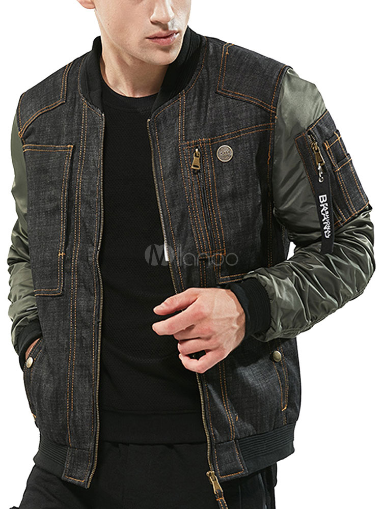 Hommes veste en jean patchwork fermeture éclair