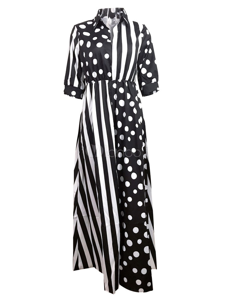 Striped Shirt Dress Women Maxi Dress Polka Dot Half Sleeve Turndown Collar Fall Dress Milanoo Com