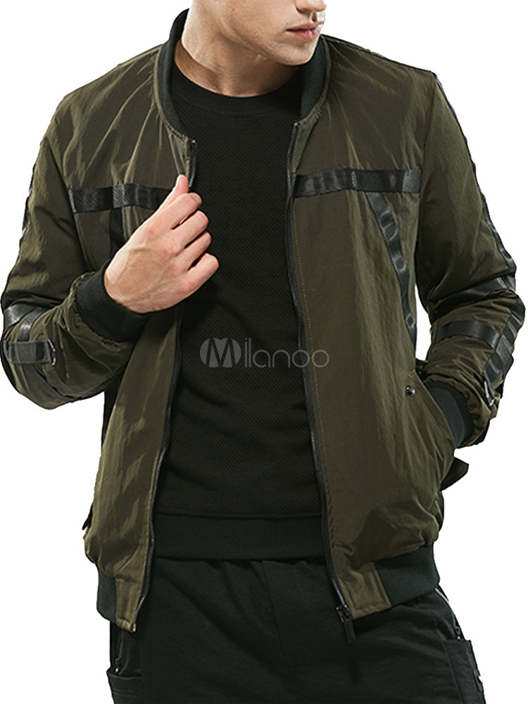 メンズボンバージャケットパッチワークカジュアルジャケットスタンドカラージッパーショートジャケット Milanoo Jp