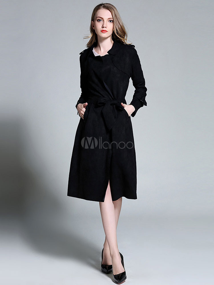 Frauen Schwarzer Mantel Umlegekragen Trench Coat Langarm Duster Coat Milanoo Com