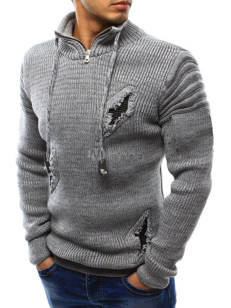 Men Pullover Sweater Ripped Stripe Stand Collar Zipper Long Sleeve