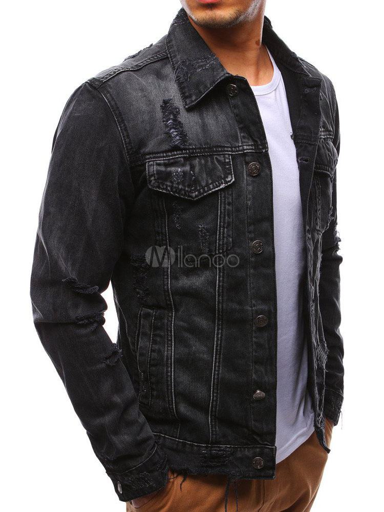 Black Denim Jacket Ripped Distressed Pocket Button Up Slim Fit Jacket For Men - Milanoo.com