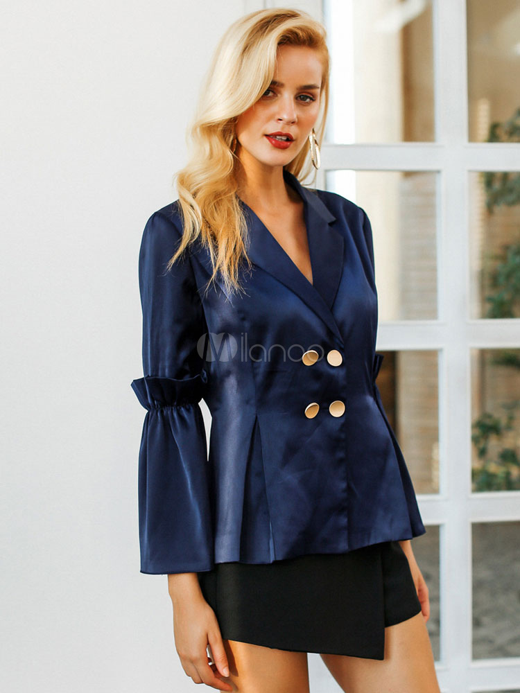 Chaqueta Blazer Azul Mujer Satén Like Bell Sleeve Botones volantes Casual  Blazer - Milanoo.com