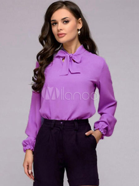 Camisa de vestir de manga de color morado blusa con lazo de manga larga Milanoo.com