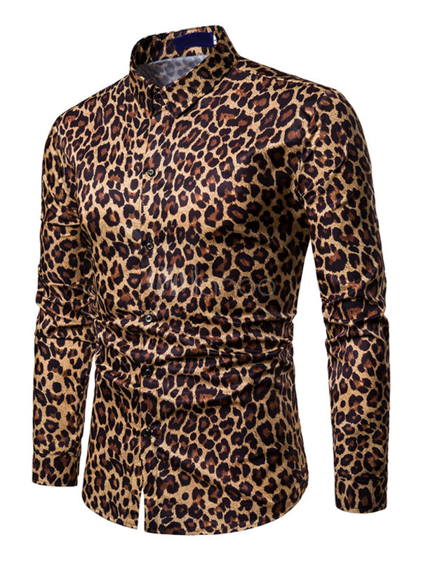 Men Casual Shirt Leopard Print Button Down Slim Fit Long Sleeve Black ...