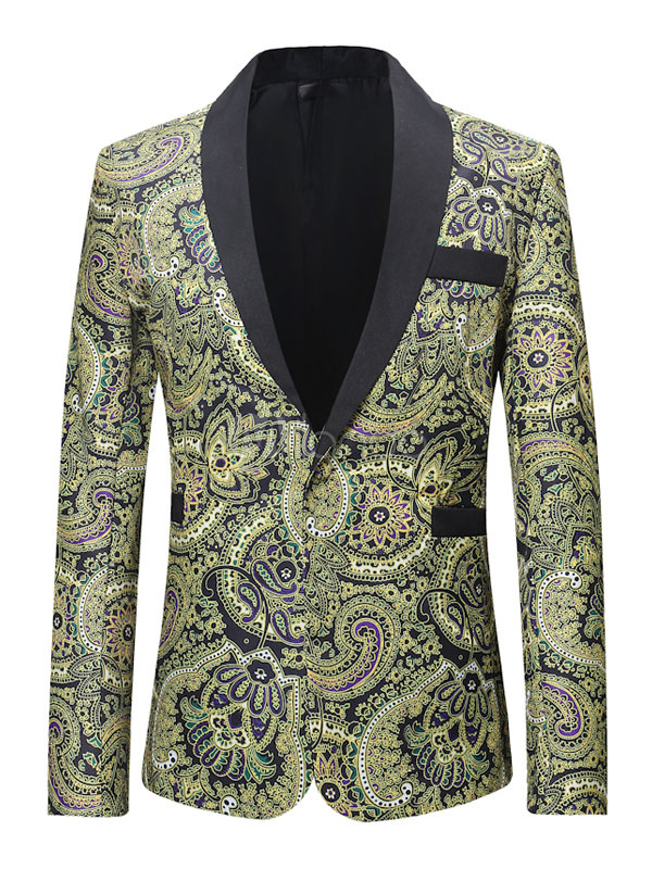 Blazer For Men Shawl Lapel Slit Floral Print One Button Green Suit ...