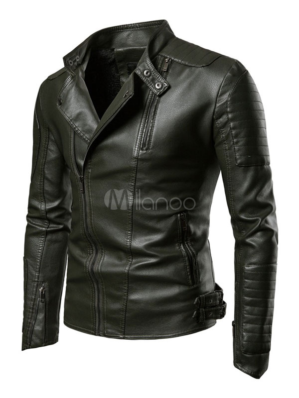 Black Biker Jacket Zipper Buckle Surplice Pattern Slim Fit Leather Jacket For Men Milanoo Com