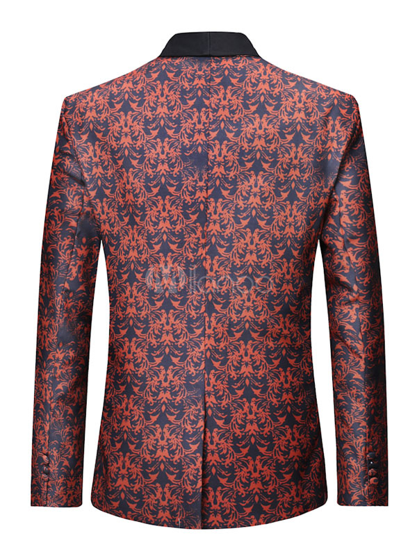 Men Red Blazer Print Back Slit Casual Suit Shawl Lapel One Button Suit