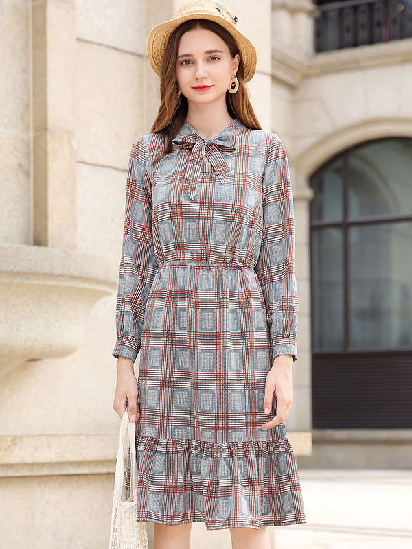 Abito a pieghe blu Vestito scozzese da donna Abito lungo a maniche lunghe -  Milanoo.com