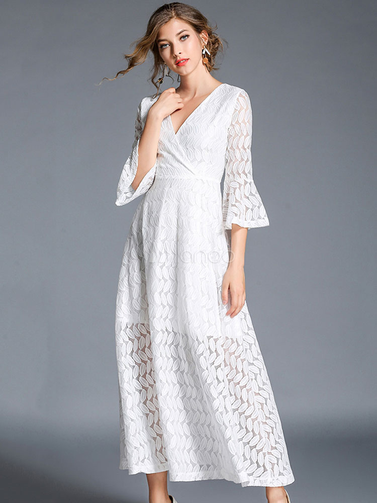 Fashion V Neck Long Sleeve Plaid Lace Maxi Dress