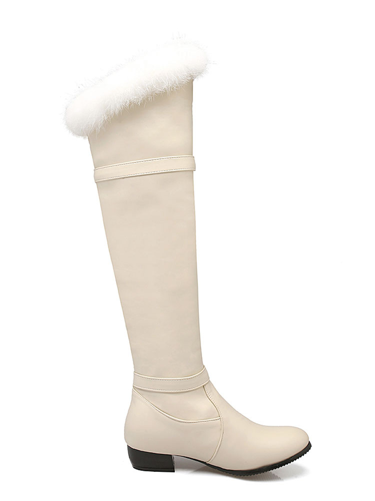 White Knee High Boots Women Round Toe Buckle Fur Detail Winter Boots ...