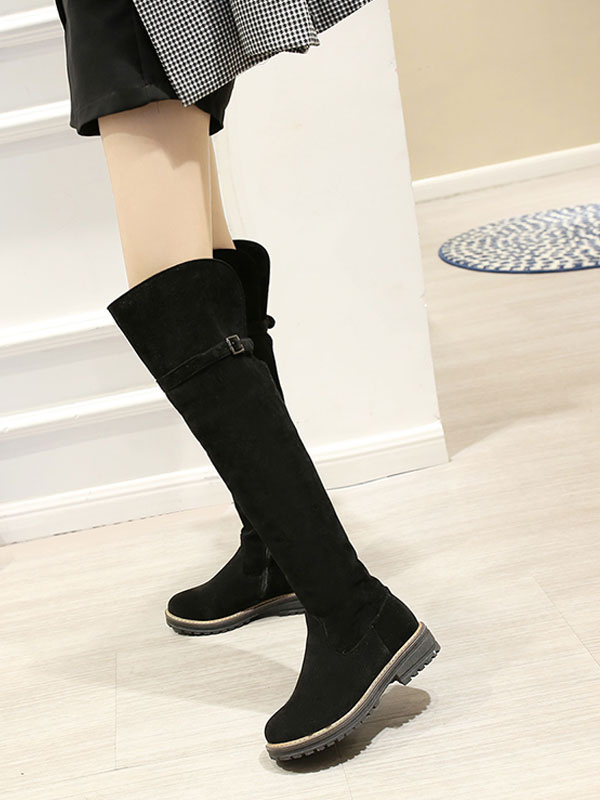 Thigh High Boots Womens Monogram Suede Round Toe Flat Heel Over The ...