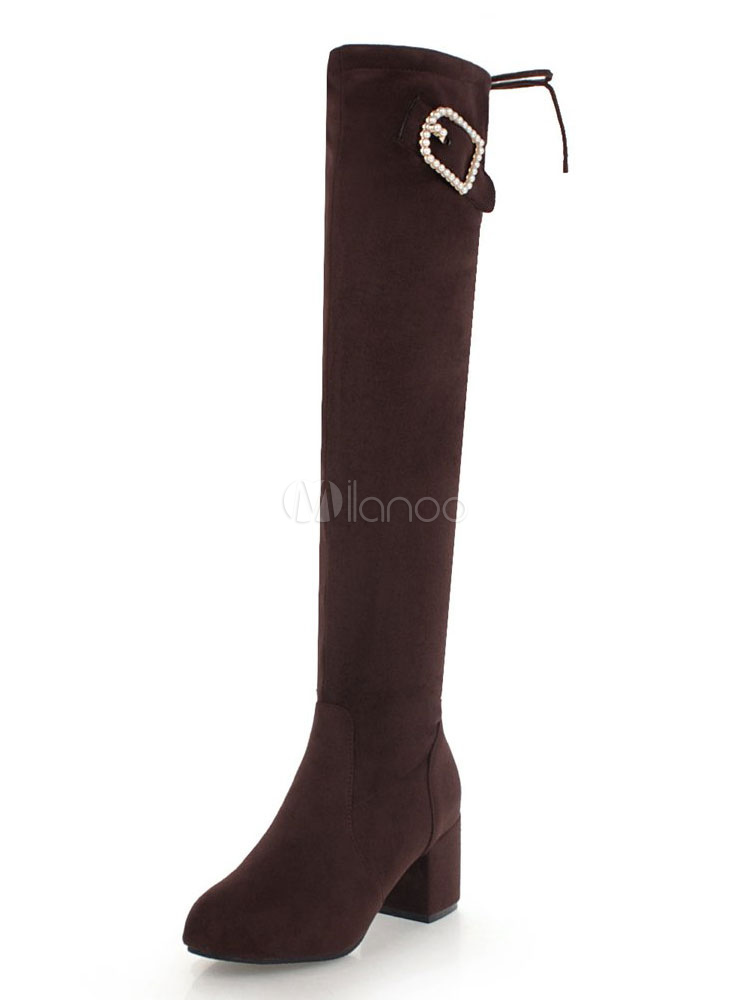 Botas altas mujer marrón oscuro con pedrería Piel sintética de tacón gordo  de puntera redonda 5.5cm Invierno Primavera con cinta - Milanoo.com