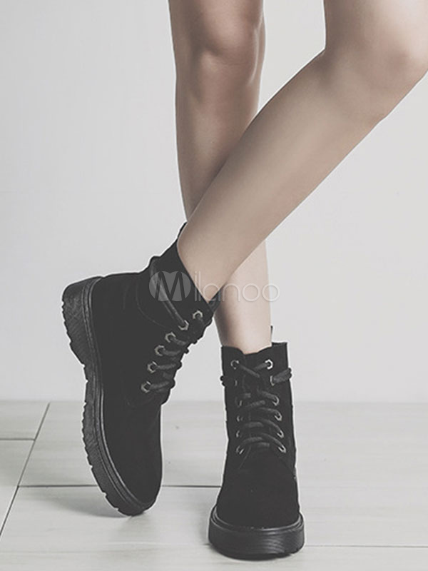 Botines negros mujer Botas militares mujer negro de tacón gordo de puntera  redonda con pinchos 3.5cm Piel sintética Invierno Otoño Color liso con cinta  2022 - Milanoo.com