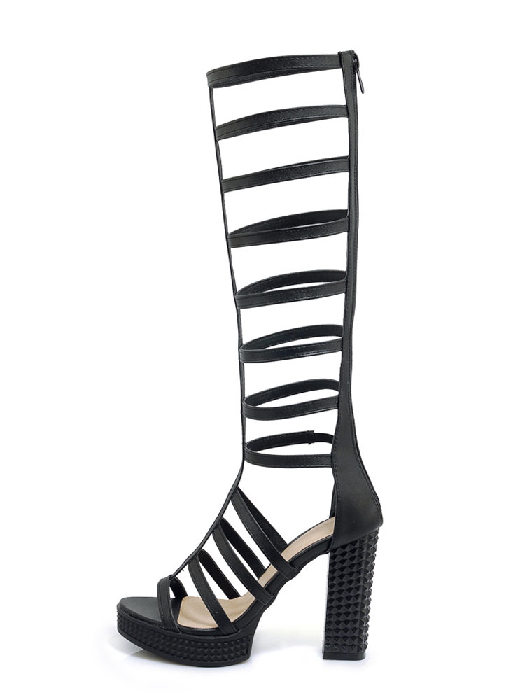 Women's White Gladiator Sandals Open Toe Chunky Heel Strappy Sandals ...