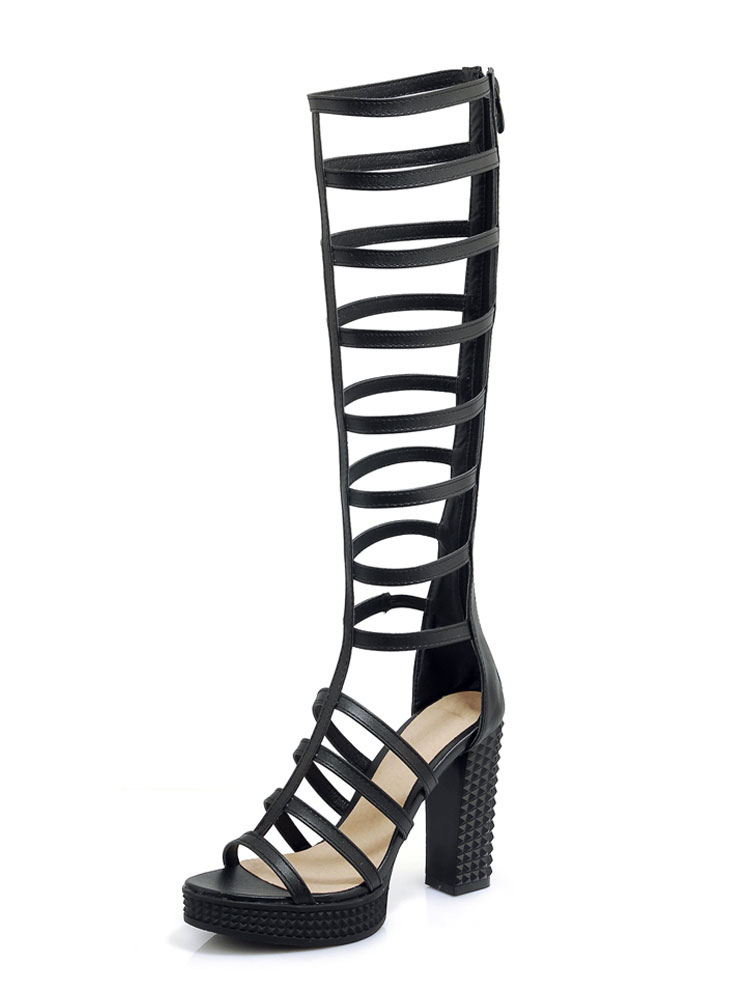 Women's White Gladiator Sandals Open Toe Chunky Heel Strappy Sandals ...