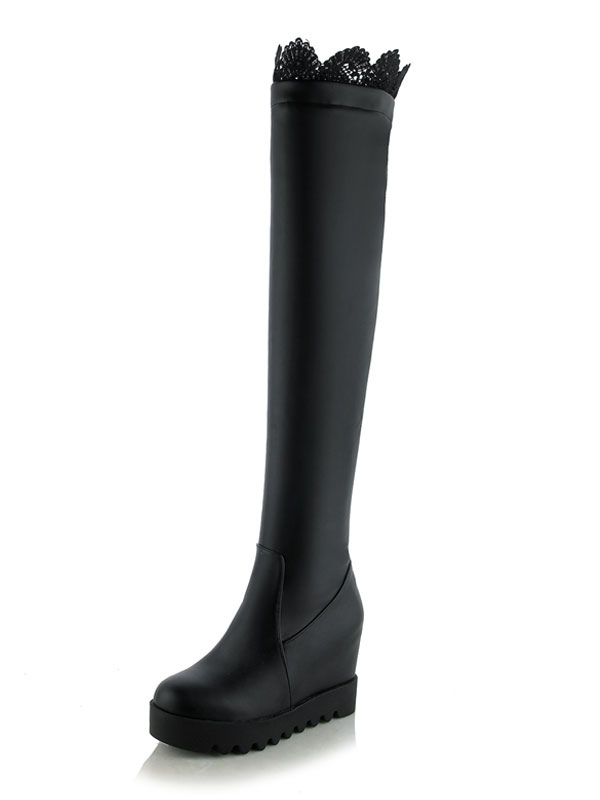 Botas altas mujer negro botas altas negras de encaje de de puntera redonda 8cm Invierno Primavera 3cm para uso al libre estilo moderno - Milanoo.com