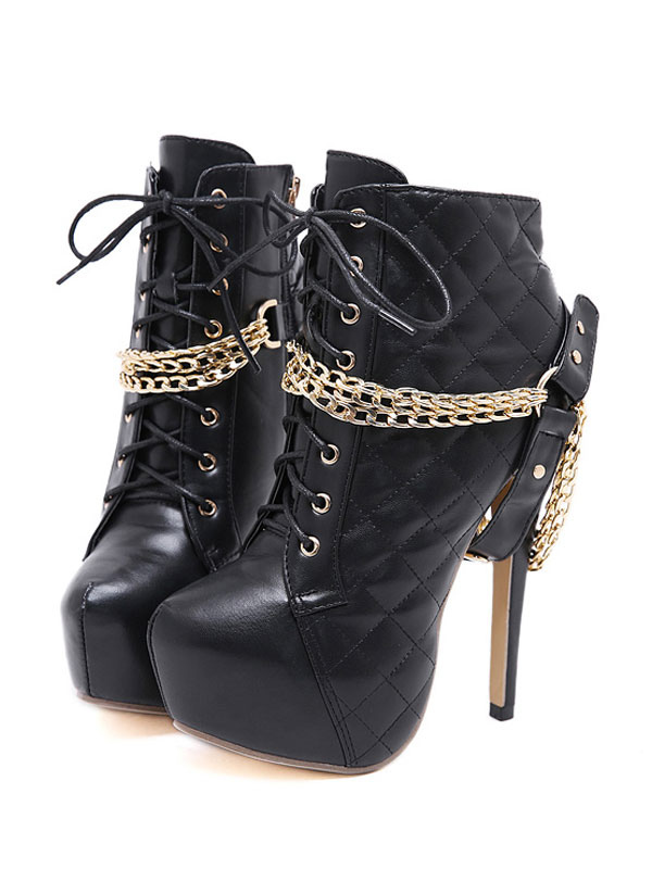 Black Ankle Boots Women Platform Almond Chain Detail High Heel Booties ...