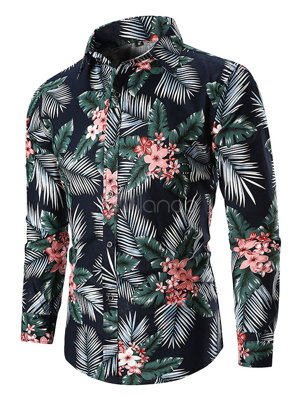Men Floral Shirt Tropical Print Button Down Slim Fit Long Sleeve Casual ...