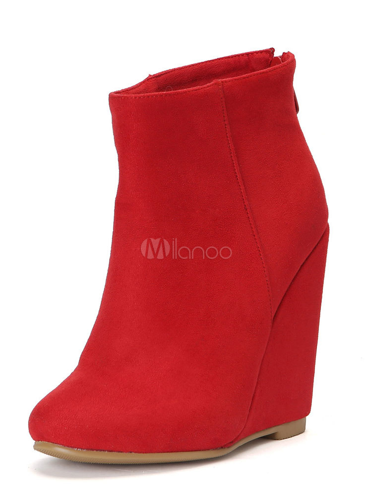 Red Wedge Boots Suede Round Toe Ankle 