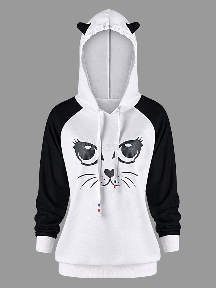 Women White Hoodies Drawstring Long Sleeve Animal Print Hooded