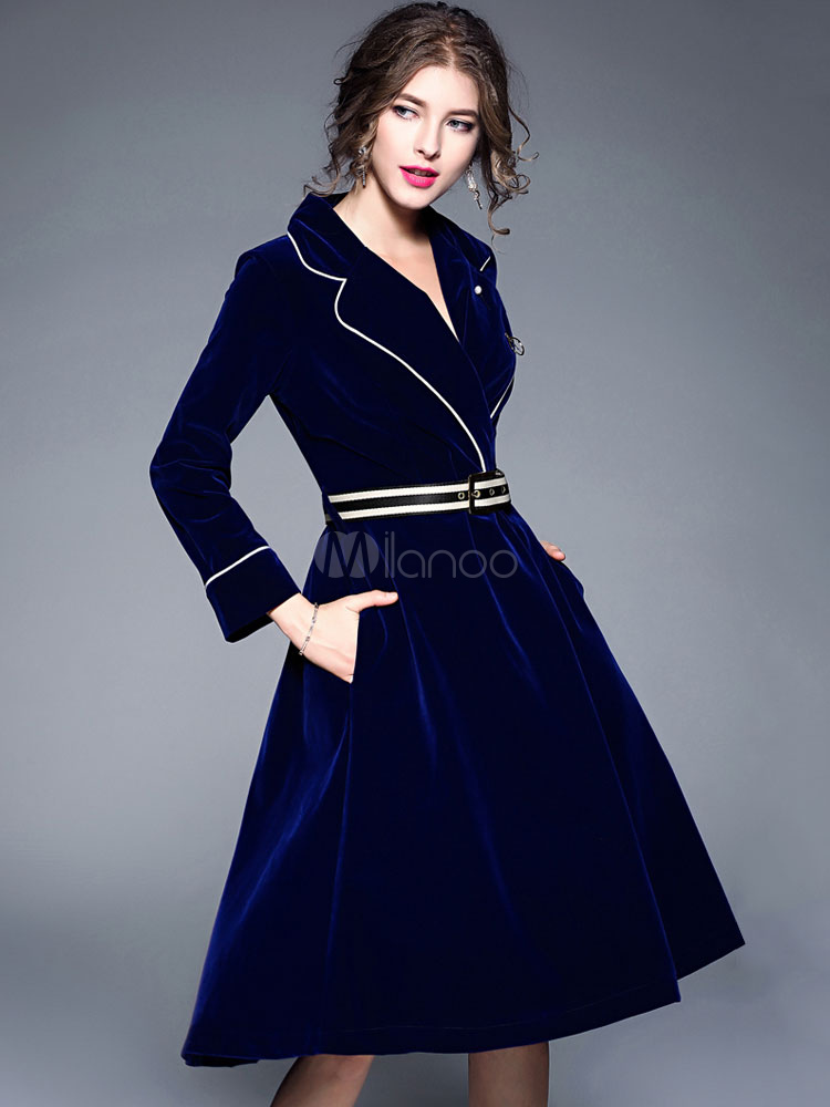 Women Velour Dress Long Sleeve Dress Royal Blue Turndown Collar Midi ...