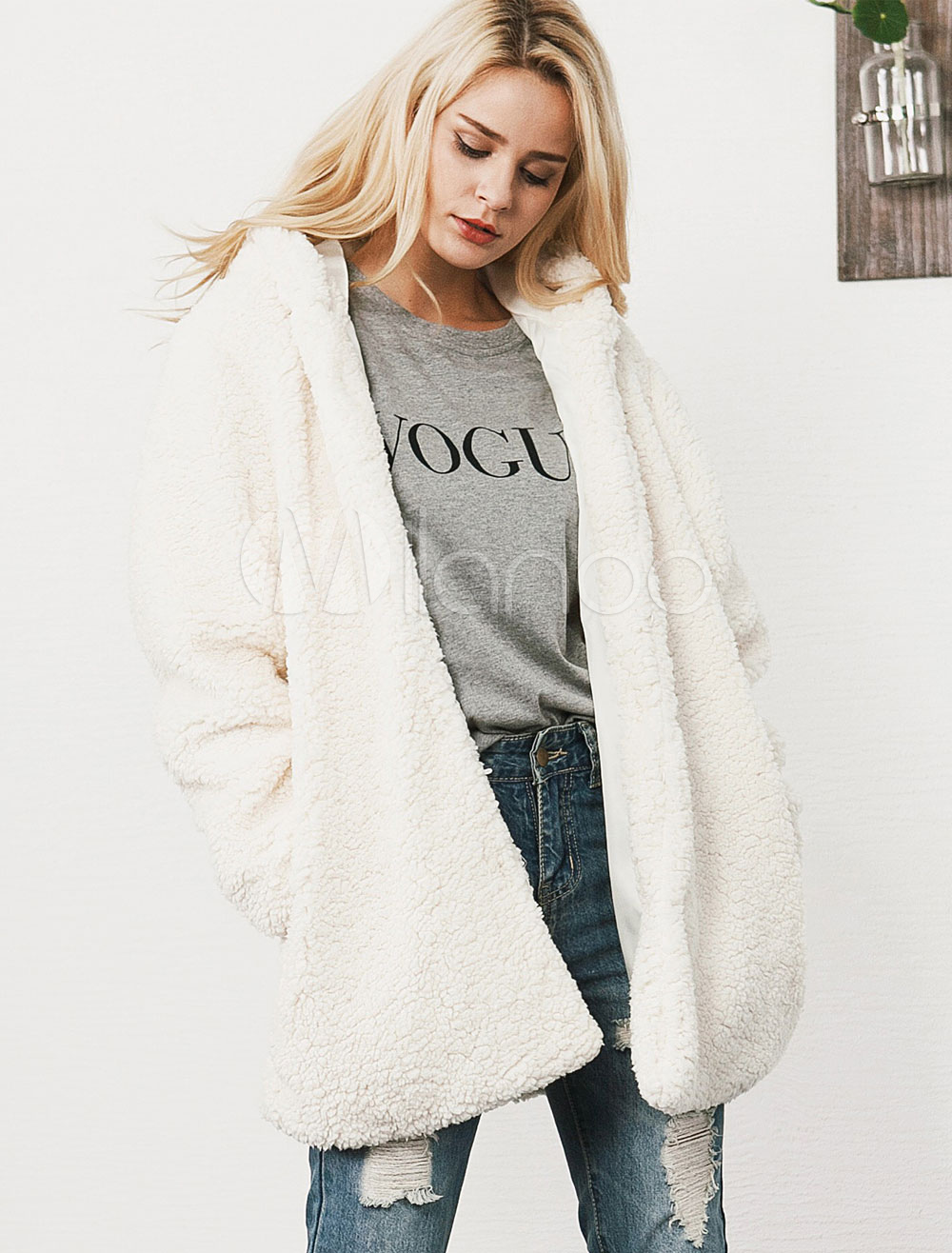 hooded open front teddy coat