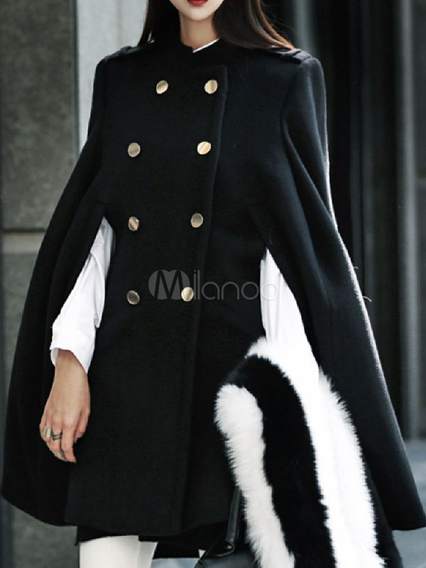 Women Black Poncho Half Sleeve Buttons Oversized Cape Coat - Milanoo.com