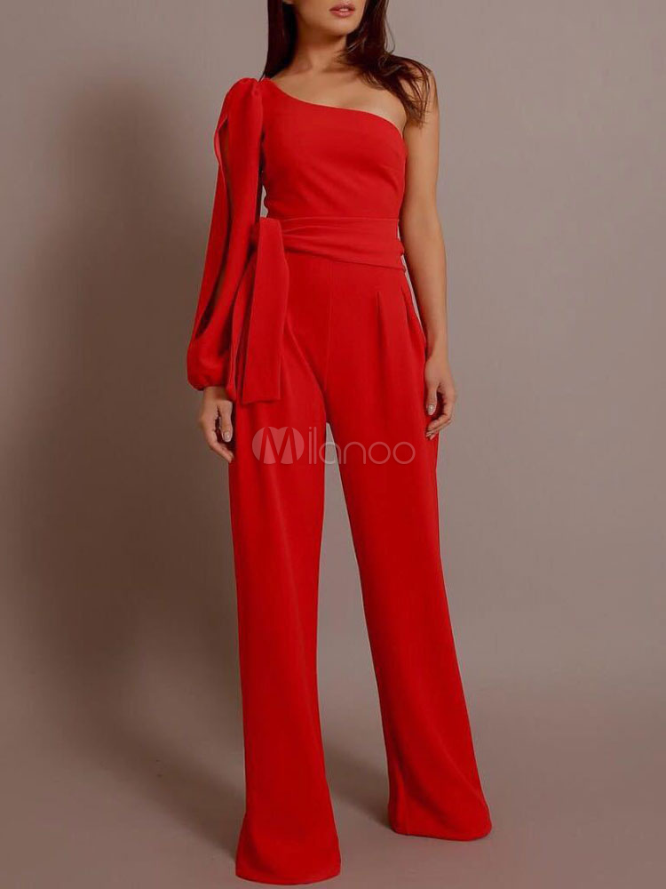 Women Red Jumpsuit Long Sleeve Cut Out ...