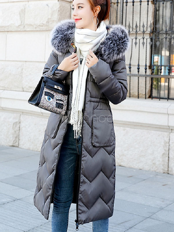 long coat with faux fur hood