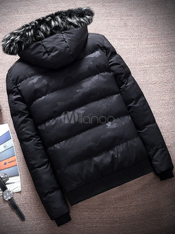 black puffer jacket with fur hood mens