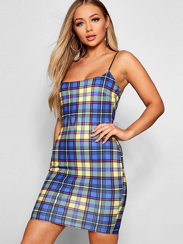 blue plaid bodycon dress