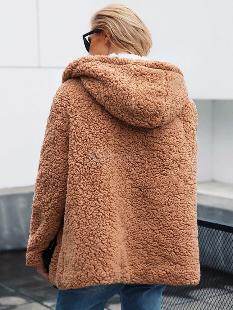 Faux Fur Coat Women Teddy Bear Coat Two Tone Hooded Winter Coat