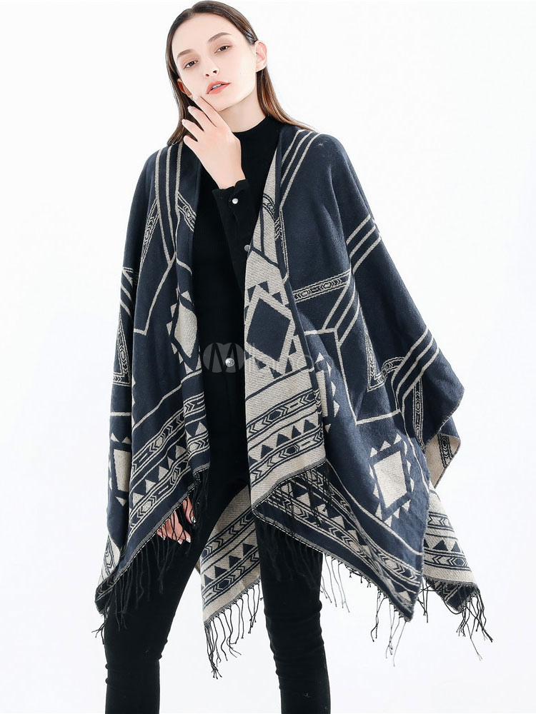 Women Wrap Shawl Oversized Fringe Geometric Knitwear Poncho Cape -  Milanoo.com