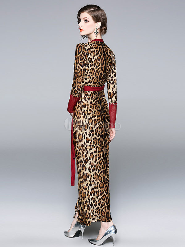 Vestiti Lunghi Maculato Abiti Lunghi pizzo di poliestere stampa di leopardo  maniche lunghe Vestiti Lunghi Eleganti modellante Abiti con scollo a V -  Milanoo.com